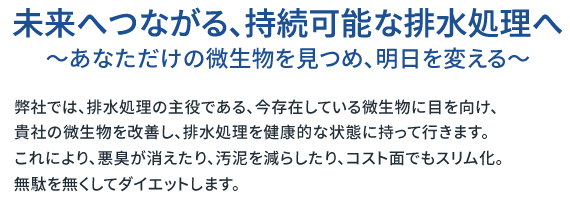 未来へつながる、持続可能な排水処理へ~弊社では、排水処理の主役である微生物に注目し、排水に存在する微生物を改善し、排水処理の最適化を行います。これにより、悪臭解消、汚泥削減、コスト削減を実現いたします。